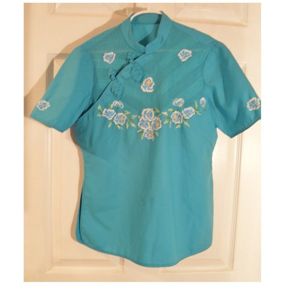 Custom Made Áo bà ba Vietnamese Blouse Blue Embroidered Flowers Size PXS Vintage